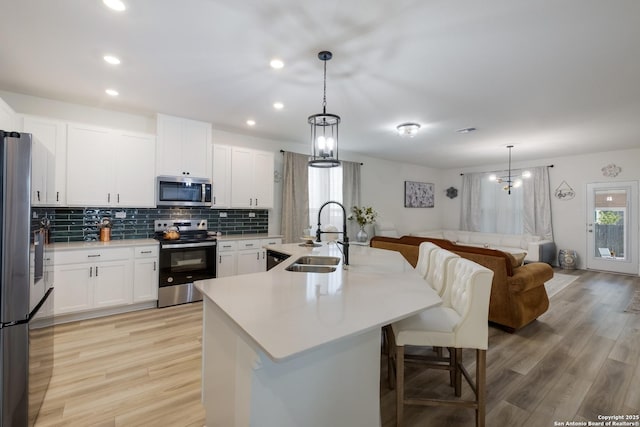 5266 Anzueto, San Antonio, TX 78261 - kitchen with stainless steel appliances, a sink, decorative backsplash, a kitchen bar, and white cabinets