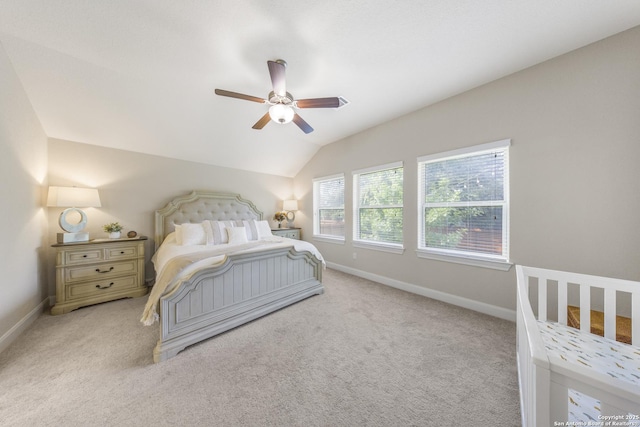 12322 Saddle Up Dr, San Antonio, TX 78254 - bedroom featuring lofted ceiling, carpet, baseboards, and a ceiling fan