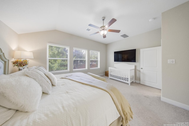 12322 Saddle Up Dr, San Antonio, TX 78254 - carpeted bedroom featuring vaulted ceiling, baseboards, and ceiling fan