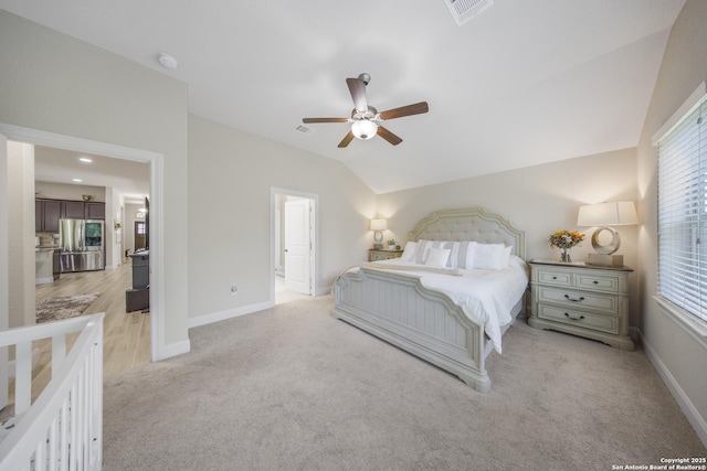 12322 Saddle Up Dr, San Antonio, TX 78254 - bedroom with smart refrigerator, light colored carpet, baseboards, vaulted ceiling, and a ceiling fan