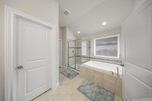 12322 Saddle Up Dr, San Antonio, TX 78254 - full bath featuring a garden tub, a shower stall, tile patterned flooring, vaulted ceiling, and recessed lighting