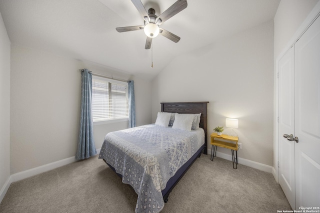 12322 Saddle Up Dr, San Antonio, TX 78254 - carpeted bedroom featuring vaulted ceiling, baseboards, and a ceiling fan