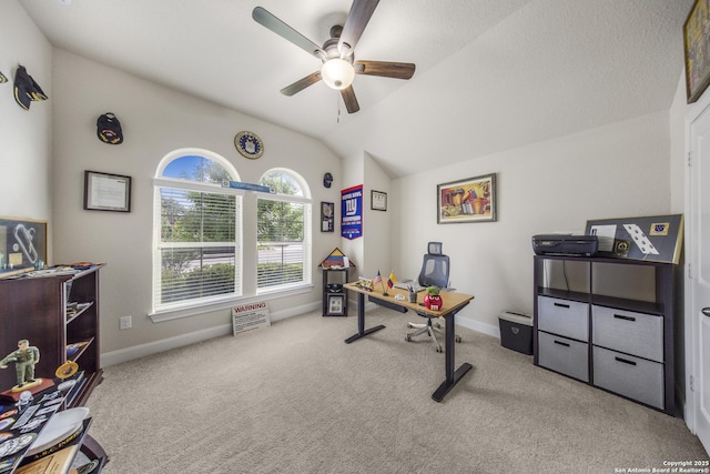 12322 Saddle Up Dr, San Antonio, TX 78254 - carpeted office space with ceiling fan, vaulted ceiling, and baseboards
