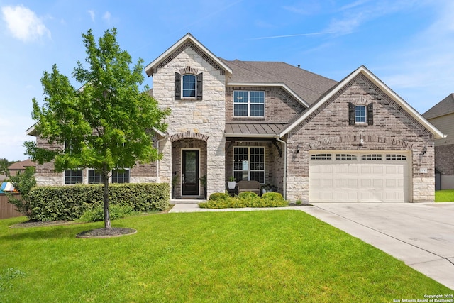 3130 Running Fawn, San Antonio, TX 78261 - view of front facade featuring driveway, a front yard, a standing seam roof, and stone siding