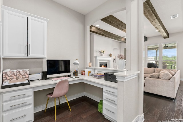 3130 Running Fawn, San Antonio, TX 78261 - office space featuring built in study area, beamed ceiling, dark wood-type flooring, baseboards, and a warm lit fireplace