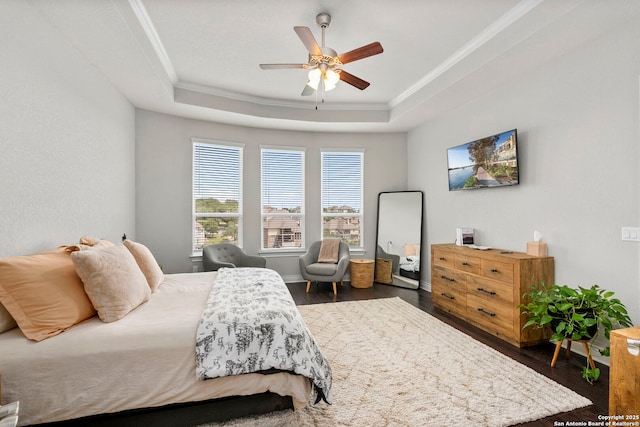 3130 Running Fawn, San Antonio, TX 78261 - bedroom with ornamental molding, wood finished floors, a raised ceiling, and a ceiling fan