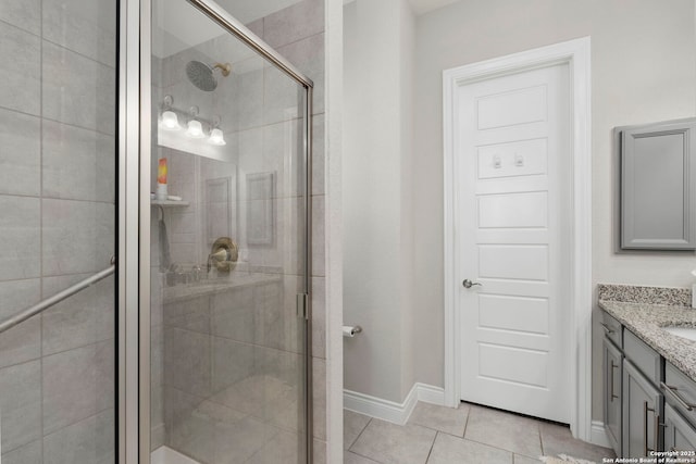 3130 Running Fawn, San Antonio, TX 78261 - bathroom featuring vanity, a shower stall, tile patterned floors, and baseboards