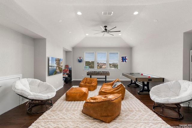 3130 Running Fawn, San Antonio, TX 78261 - recreation room featuring recessed lighting, ceiling fan, dark wood-type flooring, and vaulted ceiling
