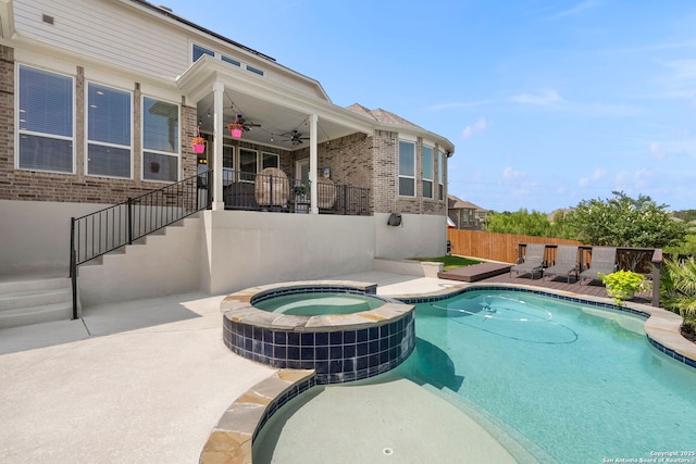 3130 Running Fawn, San Antonio, TX 78261 - view of swimming pool with ceiling fan, stairway, a pool with connected hot tub, and a patio area