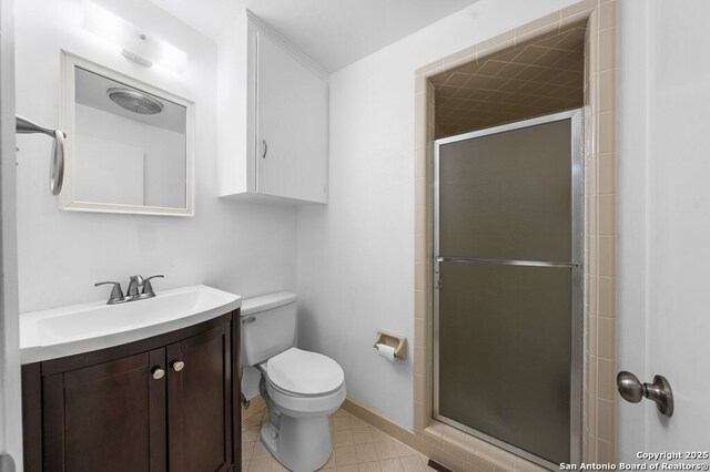 711 Cardinal Dr, Kerrville, TX 78028 - bathroom featuring vanity, toilet, a stall shower, baseboards, and tile patterned floors
