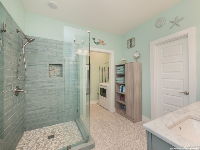 2872 Lakeview Dr, Canyon Lake, TX 78133 - bathroom featuring a stall shower, vanity, and baseboards