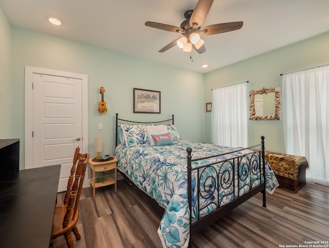 2872 Lakeview Dr, Canyon Lake, TX 78133 - bedroom with wood finished floors, recessed lighting, and a ceiling fan