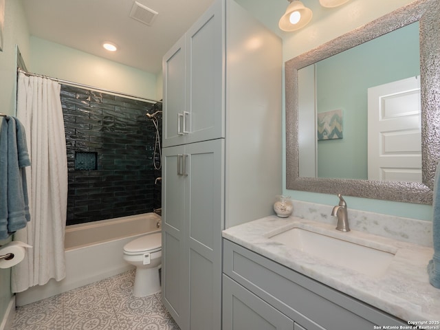 2872 Lakeview Dr, Canyon Lake, TX 78133 - full bathroom with vanity, shower / tub combo with curtain, toilet, tile patterned flooring, and recessed lighting