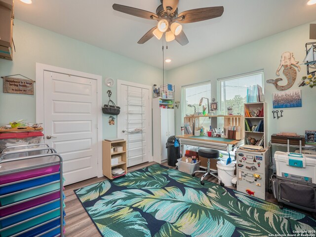 2872 Lakeview Dr, Canyon Lake, TX 78133 - office featuring a ceiling fan, wood finished floors, and recessed lighting