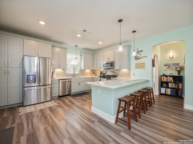 2872 Lakeview Dr, Canyon Lake, TX 78133 - kitchen featuring stainless steel appliances, a peninsula, wood finished floors, light countertops, and recessed lighting