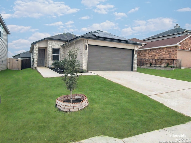 8517 Barefoot Ln, Converse, TX 78109 - ranch-style house with roof mounted solar panels, an attached garage, concrete driveway, a gate, and brick siding