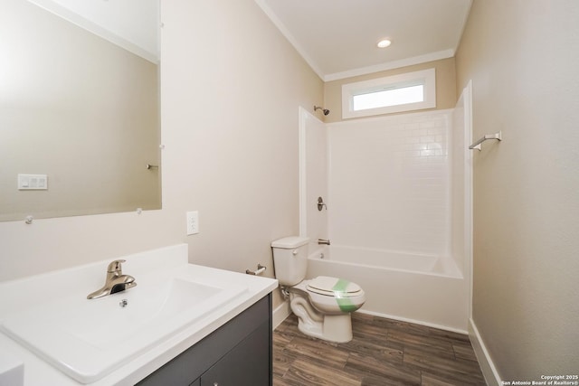 2115 W Houston, San Antonio, TX 78207 - bathroom featuring toilet, vanity, shower / tub combination, wood finished floors, and crown molding