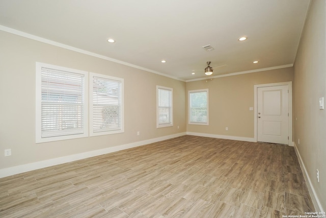 2115 W Houston, San Antonio, TX 78207 - unfurnished room with ornamental molding, ceiling fan, light wood-type flooring, baseboards, and recessed lighting