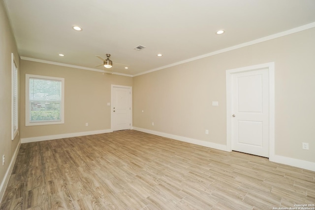 2115 W Houston, San Antonio, TX 78207 - empty room featuring ornamental molding, light wood-type flooring, a ceiling fan, baseboards, and recessed lighting