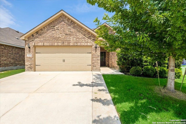10218 Nate Range, San Antonio, TX 78254 - view of front of home featuring brick siding, driveway, an attached garage, and a front yard