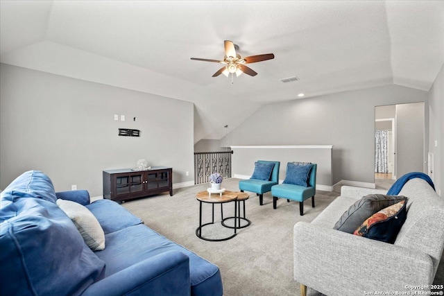 10218 Nate Range, San Antonio, TX 78254 - carpeted living area with vaulted ceiling, ceiling fan, and baseboards