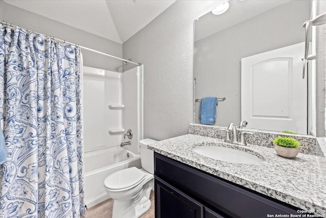 10218 Nate Range, San Antonio, TX 78254 - full bathroom with vanity, shower / bath combination with curtain, a textured wall, and toilet