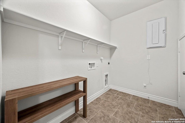 10218 Nate Range, San Antonio, TX 78254 - laundry area featuring hookup for a gas dryer, baseboards, electric panel, hookup for an electric dryer, and hookup for a washing machine