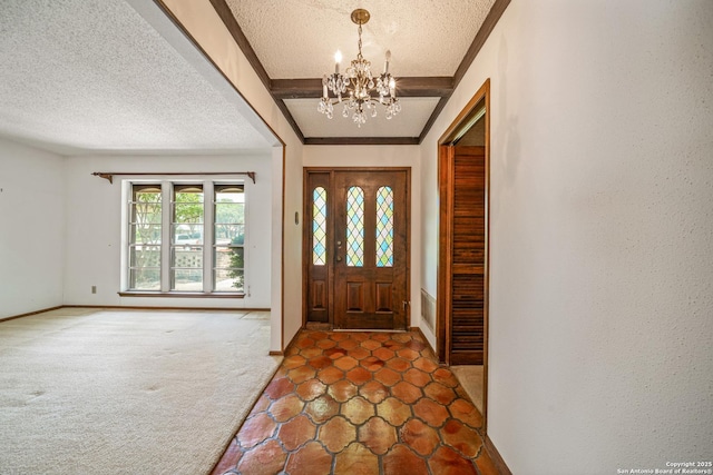 402 Waycrest, Windcrest, TX 78239 - carpeted foyer with a chandelier, a textured ceiling, baseboards, and stone finish floors