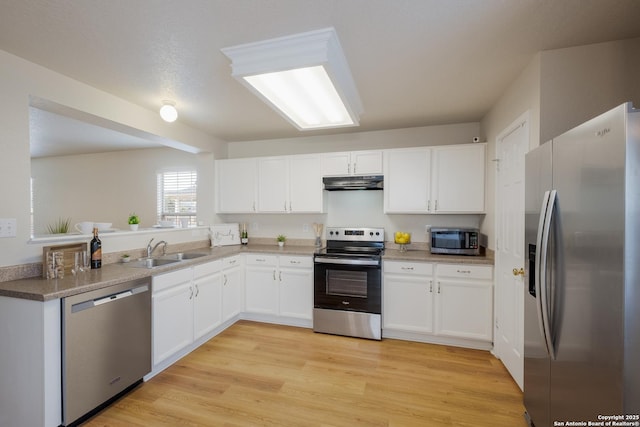 135 Agency Oaks, San Antonio, TX 78249 - kitchen featuring appliances with stainless steel finishes, a sink, under cabinet range hood, white cabinetry, and light wood-style flooring