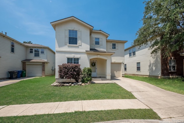 135 Agency Oaks, San Antonio, TX 78249 - traditional home with an attached garage, concrete driveway, stucco siding, and a front lawn
