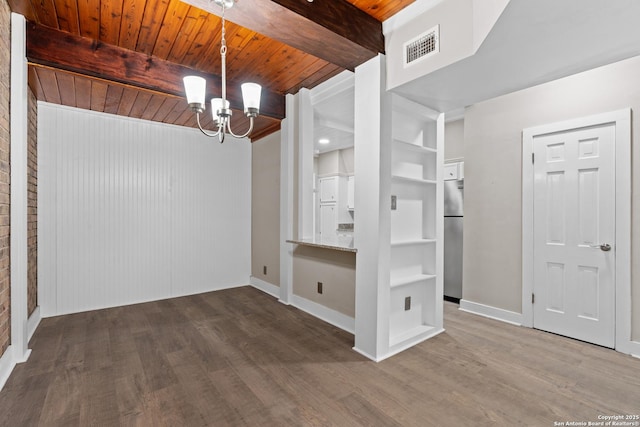 1170 Garraty Rd Unit 14, San Antonio, TX 78209 - unfurnished dining area featuring a chandelier, wood finished floors, wooden ceiling with exposed beams, and baseboards