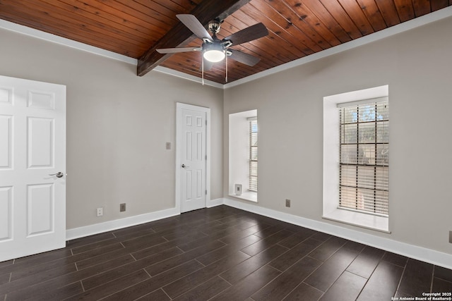 1170 Garraty Rd Unit 14, San Antonio, TX 78209 - unfurnished room featuring wooden ceiling with exposed beams, ceiling fan, baseboards, and dark wood-type flooring