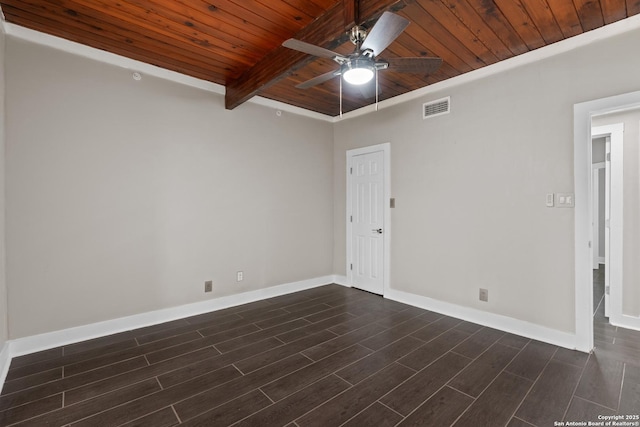 1170 Garraty Rd Unit 14, San Antonio, TX 78209 - spare room featuring wooden ceiling with exposed beams, ceiling fan, wood finish floors, and baseboards