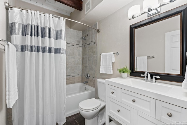 1170 Garraty Rd Unit 14, San Antonio, TX 78209 - full bathroom with toilet, vanity, shower / bath combo with shower curtain, beamed ceiling, and wood finished floors