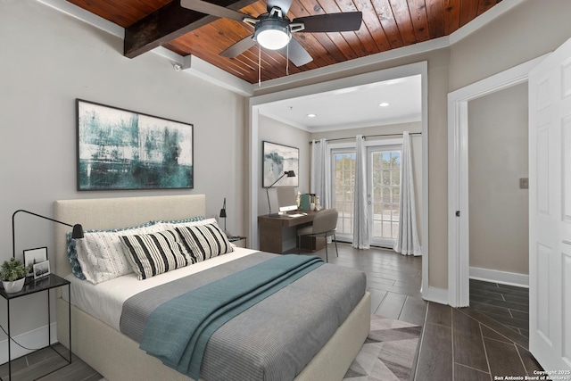 1170 Garraty Rd Unit 14, San Antonio, TX 78209 - bedroom with wooden ceiling with exposed beams, access to exterior, recessed lighting, baseboards, and ceiling fan