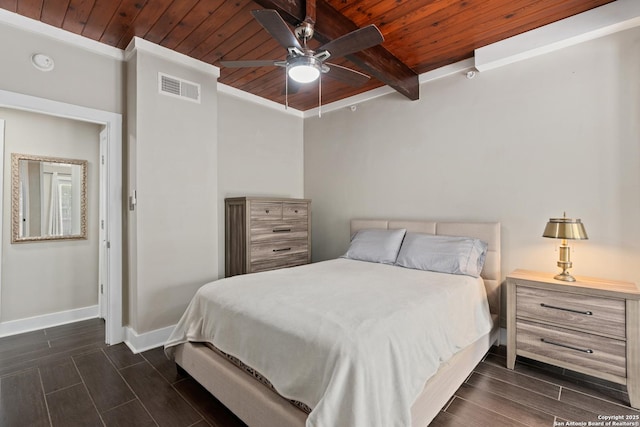 1170 Garraty Rd Unit 14, San Antonio, TX 78209 - bedroom featuring wood ceiling with exposed beams, baseboards, wood finish floors, ornamental molding, and a ceiling fan
