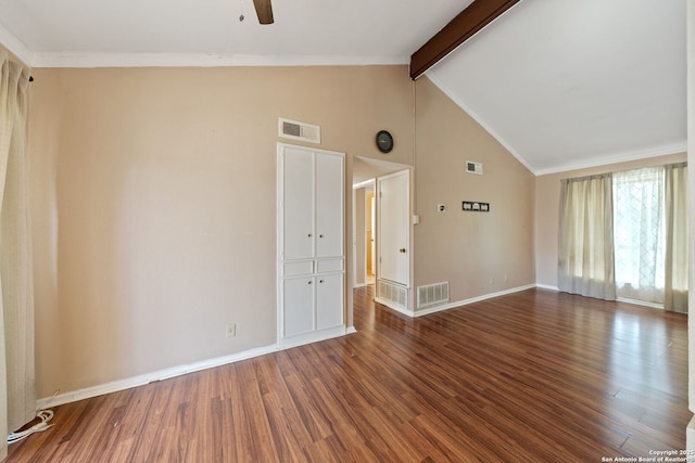 9419 Powhatan Unit 504, San Antonio, TX 78230 - unfurnished room with a ceiling fan, baseboards, wood finished floors, beam ceiling, and high vaulted ceiling