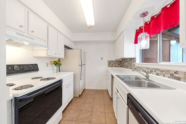 9419 Powhatan Unit 504, San Antonio, TX 78230 - kitchen with white appliances, under cabinet range hood, a sink, white cabinetry, and light countertops