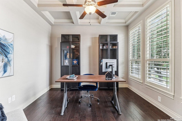 24227 Vecchio, San Antonio, TX 78260 - office featuring plenty of natural light, ceiling fan, beam ceiling, coffered ceiling, and hardwood / wood-style flooring