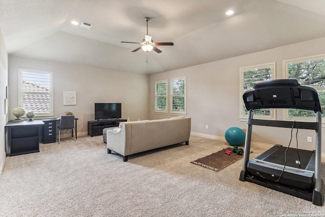 24227 Vecchio, San Antonio, TX 78260 - living area with carpet floors, a ceiling fan, vaulted ceiling, baseboards, and healthy amount of natural light