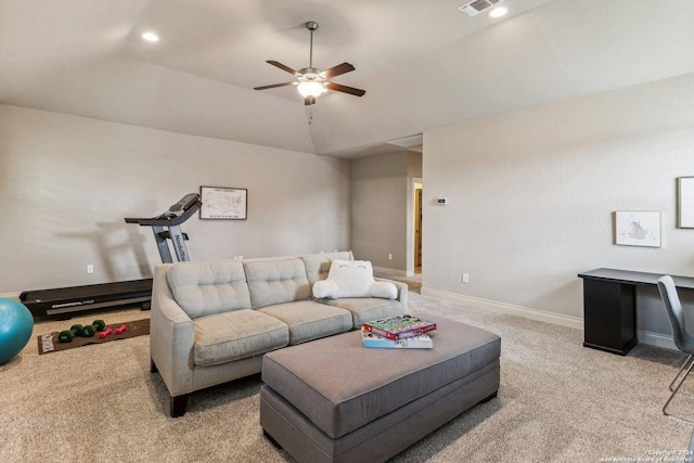 24227 Vecchio, San Antonio, TX 78260 - carpeted living area featuring a ceiling fan, baseboards, recessed lighting, and lofted ceiling