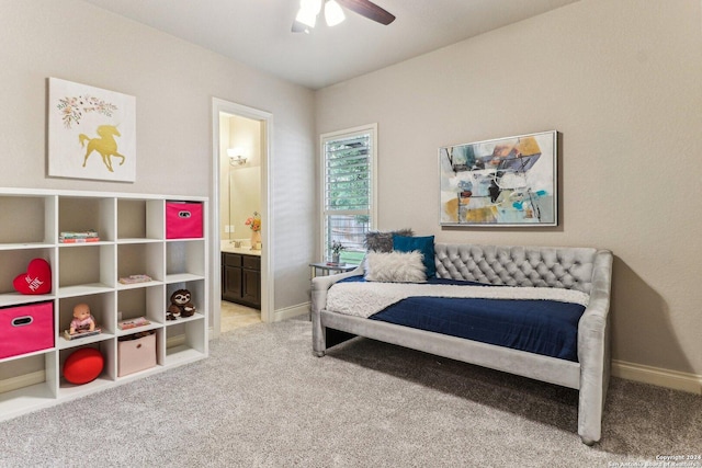 24227 Vecchio, San Antonio, TX 78260 - carpeted bedroom with baseboards, ensuite bath, and a ceiling fan