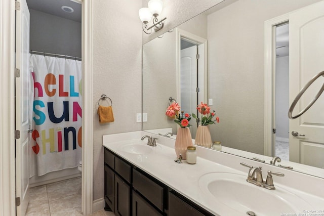 24227 Vecchio, San Antonio, TX 78260 - bathroom with double vanity, tile patterned flooring, toilet, and a shower with shower curtain