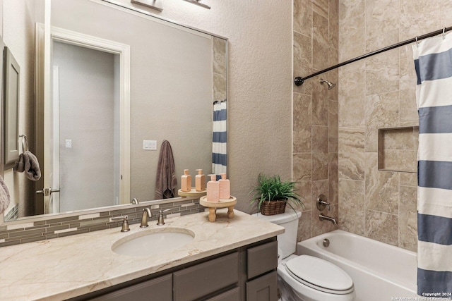 24227 Vecchio, San Antonio, TX 78260 - bathroom with vanity, toilet, shower / tub combo, and a textured wall