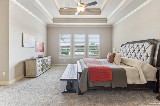 24227 Vecchio, San Antonio, TX 78260 - bedroom with crown molding, a tray ceiling, carpet, baseboards, and a ceiling fan