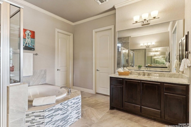 24227 Vecchio, San Antonio, TX 78260 - full bath with crown molding, vanity, a garden tub, and an enclosed shower