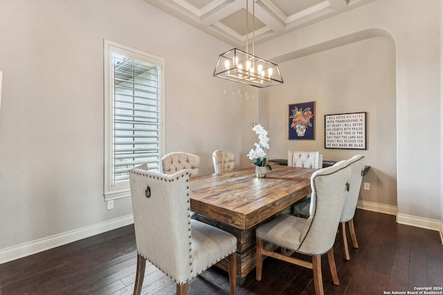 24227 Vecchio, San Antonio, TX 78260 - dining area featuring a chandelier, coffered ceiling, baseboards, beam ceiling, and dark wood-type flooring