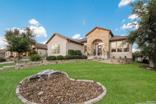 24227 Vecchio, San Antonio, TX 78260 - mediterranean / spanish-style house with stone siding, a tiled roof, and stucco siding