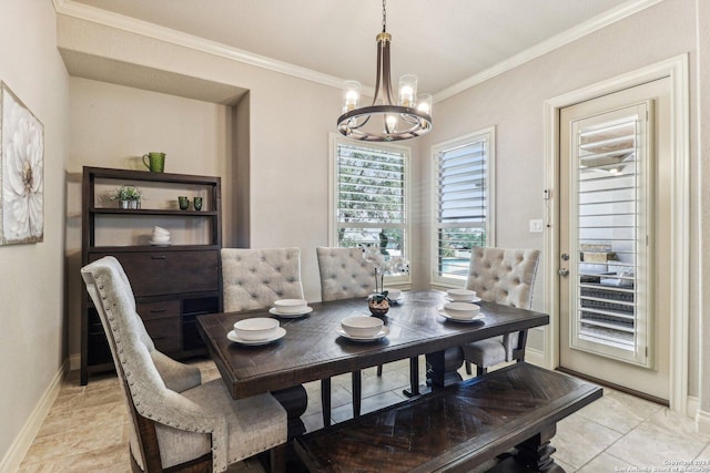 24227 Vecchio, San Antonio, TX 78260 - dining space featuring a chandelier, ornamental molding, baseboards, and light tile patterned floors