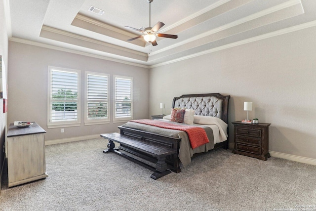 24227 Vecchio, San Antonio, TX 78260 - carpeted bedroom featuring ornamental molding, baseboards, a tray ceiling, and ceiling fan